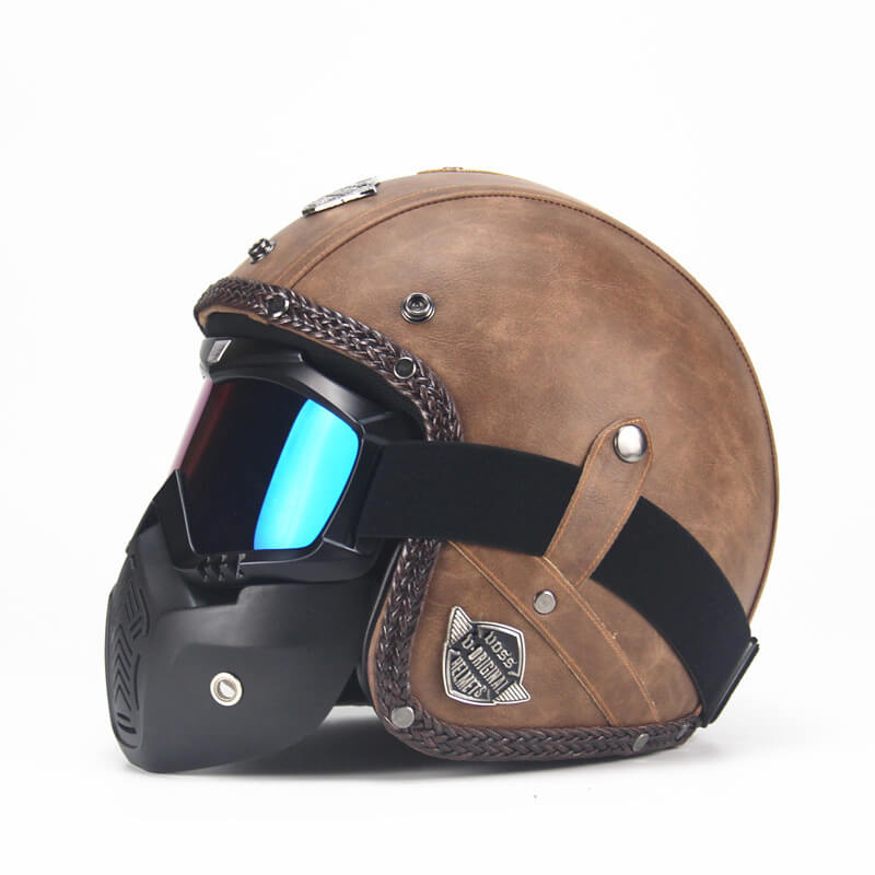 Vintage Leather Motorcycle Crash Helmet 3/4 Open Face Harley Half Helmet Mask 